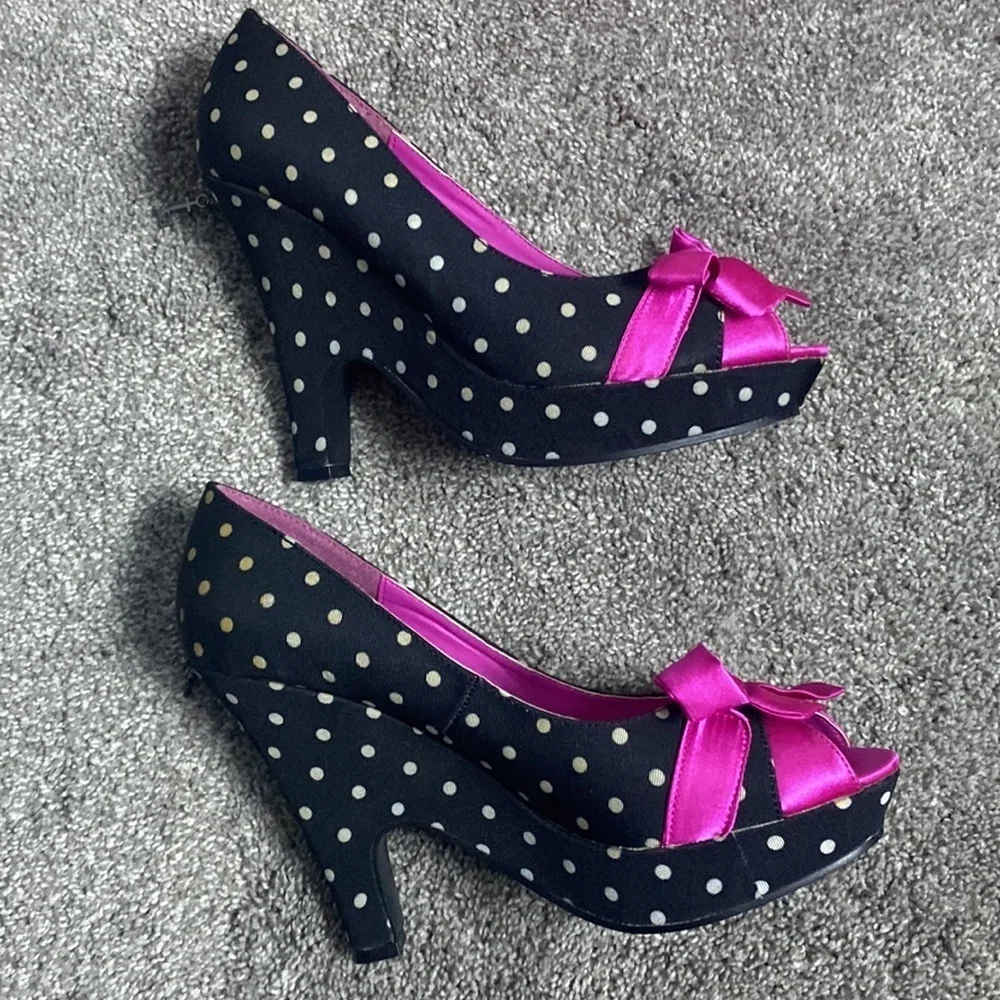 Penthouse Shoes by ellie Black White Polka Dots Pink Bows sz 9
